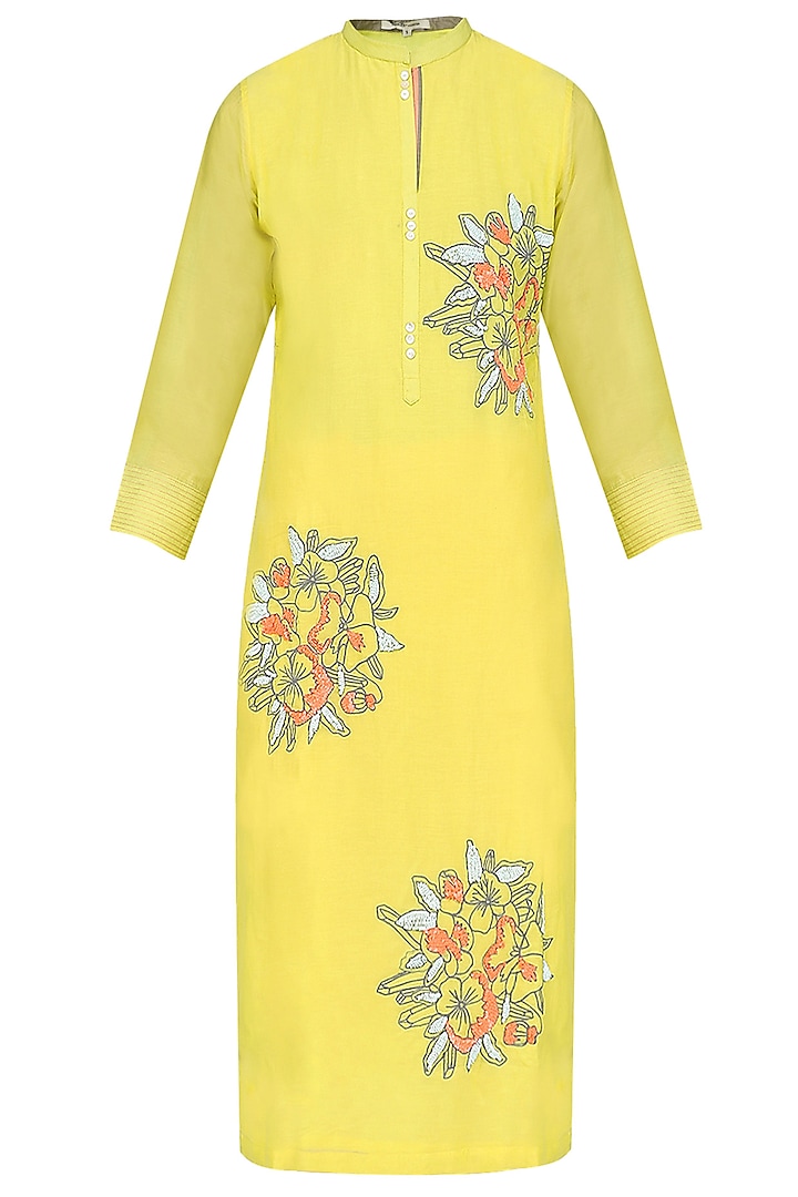 Yellow Floral Thread and Sequins Motifs Tunic by Abhijeet Khanna