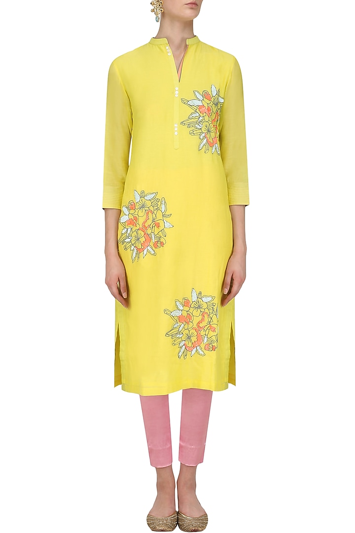 Yellow floral thread and sequins motifs tunic available only at Pernia's Pop Up Shop.
