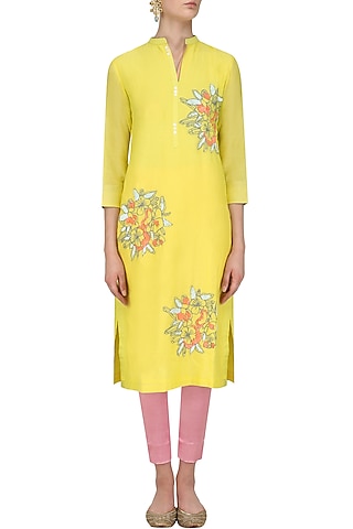 Yellow Floral Thread and Sequins Motifs Tunic by Abhijeet Khanna