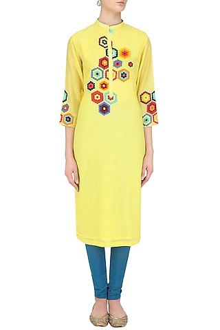 Yellow Geometric Patchwork Tunic by Abhijeet Khanna