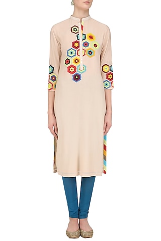 Beige Geometric Patchwork Tunic by Abhijeet Khanna