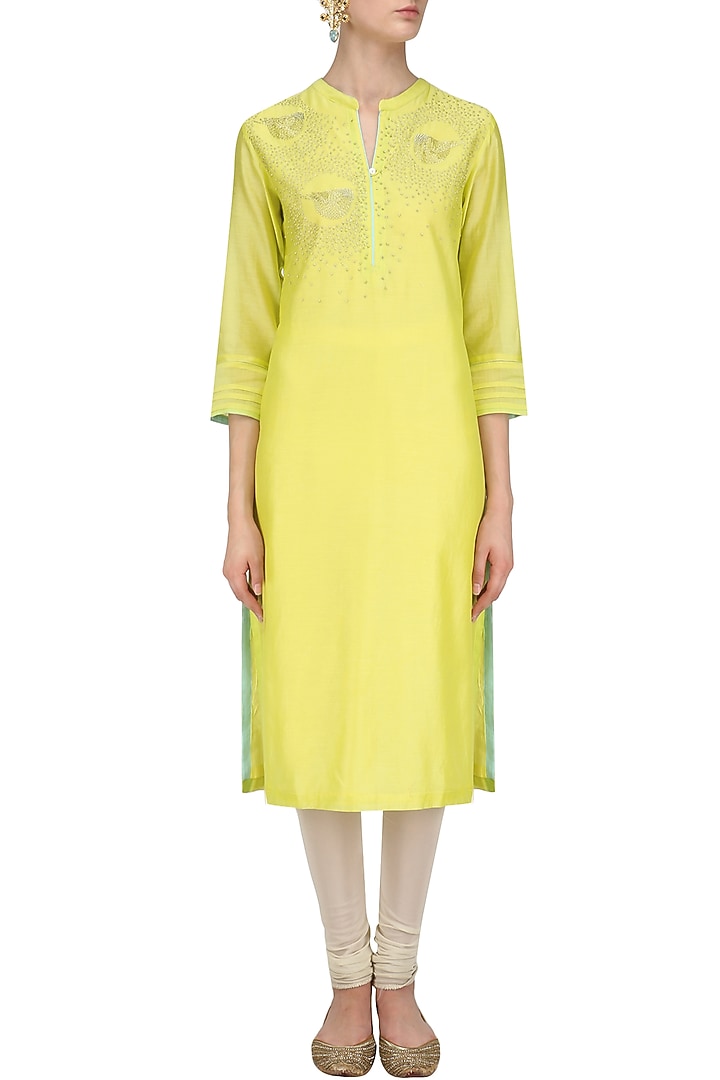 Yellow hand embroidered bird motifs tunic available only at Pernia's Pop Up Shop.