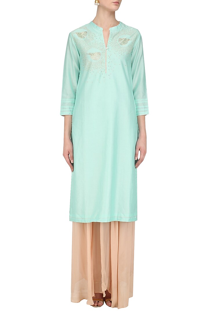 Mint hand embroidered bird motifs tunic available only at Pernia's Pop Up Shop.