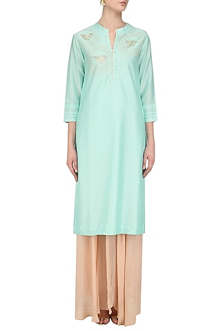 Mint Hand Embroidered Bird Motifs Tunic by Abhijeet Khanna