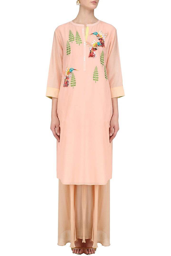 Peach hand embroidered bird motifs tunic available only at Pernia's Pop Up Shop.