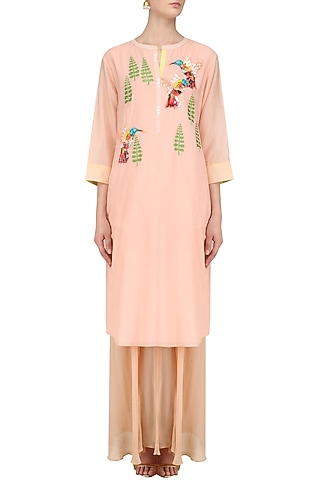 Peach Hand Embroidered Bird Motifs Tunic by Abhijeet Khanna