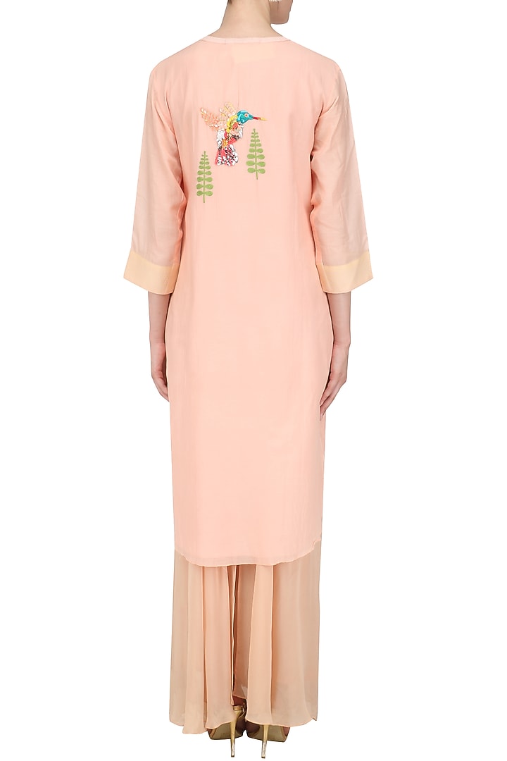 Peach hand embroidered bird motifs tunic available only at Pernia's Pop Up Shop.