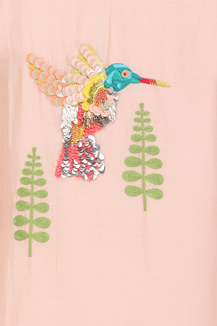 Peach hand embroidered bird motifs tunic available only at Pernia's Pop Up Shop.