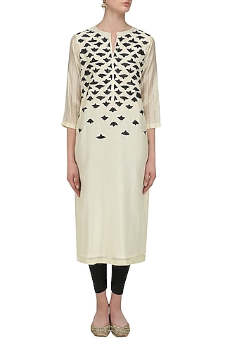 Ivory and Black Applique Work Tunic by Abhijeet Khanna