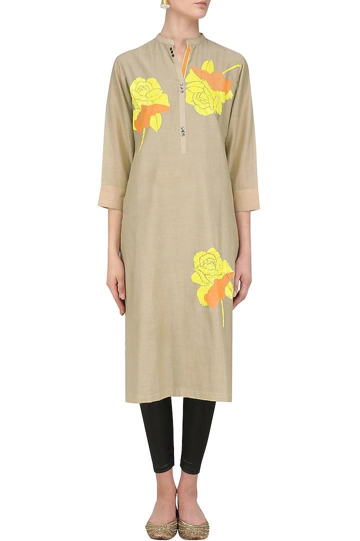Dark beige floral motifs embroidered tunic available only at Pernia's Pop Up Shop.