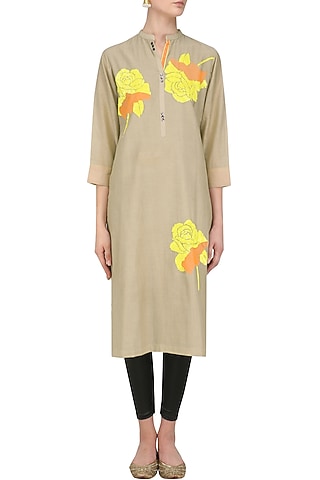 Dark Beige Floral Motifs Embroidered Tunic by Abhijeet Khanna