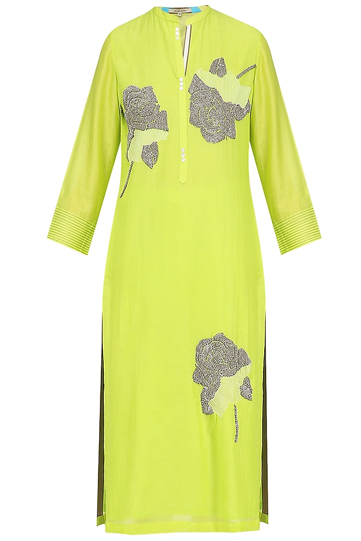 Lime Sequins Floral Motifs Tunic by Abhijeet Khanna