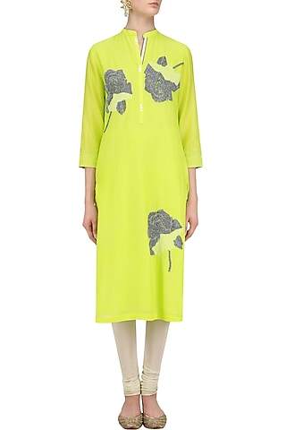 Lime Sequins Floral Motifs Tunic by Abhijeet Khanna