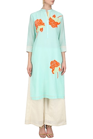 Mint Sequinned Floral Motifs Tunic by Abhijeet Khanna