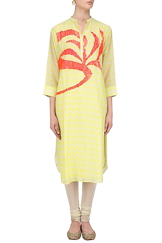 Yellow Digital Print and Sequins Work Tunic by Abhijeet Khanna