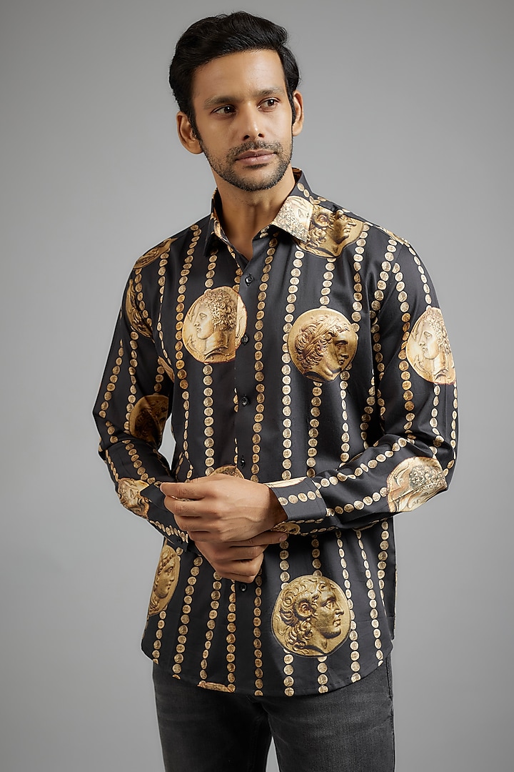 Black Giza Cotton Printed Shirt by Amalfi By Mohid Merchant at Pernia's Pop Up Shop