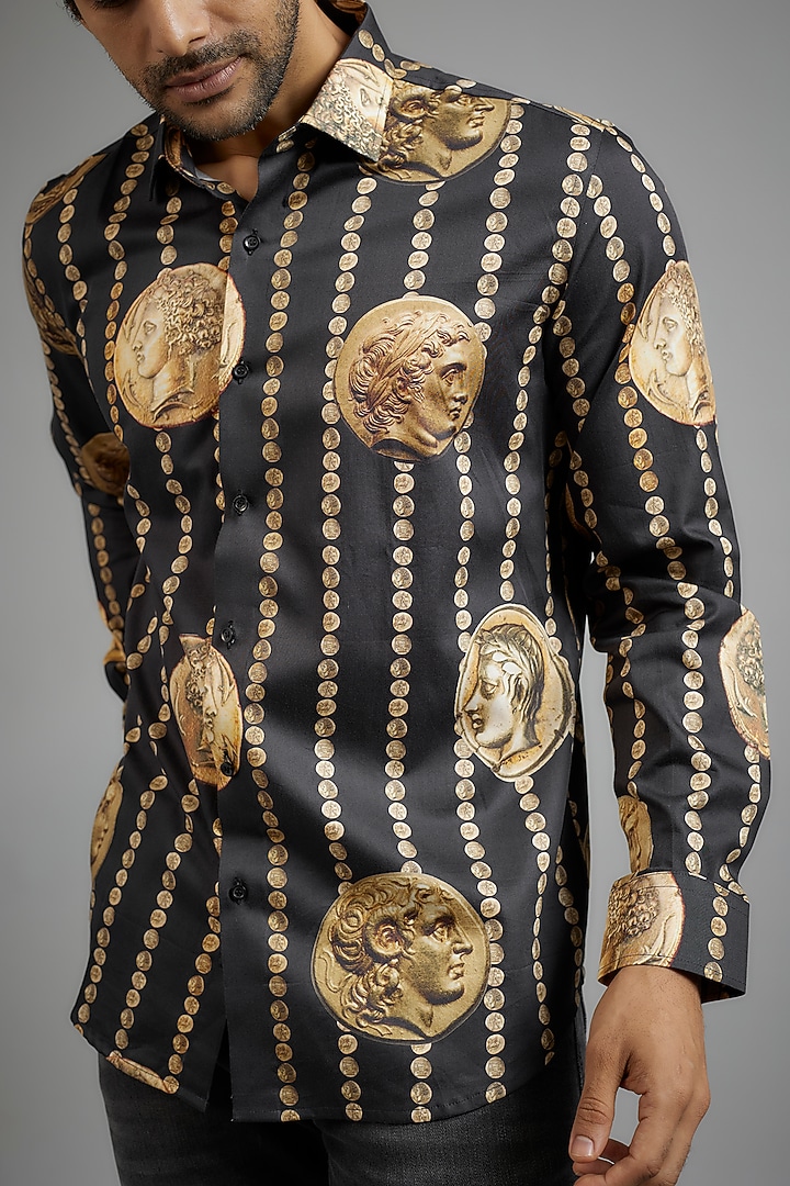 Black Giza Cotton Printed Party Wear Shirt by Amalfi By Mohid Merchant at Pernia's Pop Up Shop