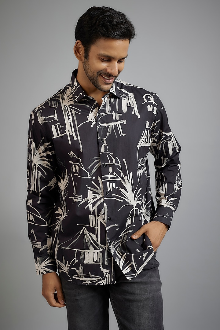 Black Giza Cotton Printed Shirt by Amalfi By Mohid Merchant at Pernia's Pop Up Shop