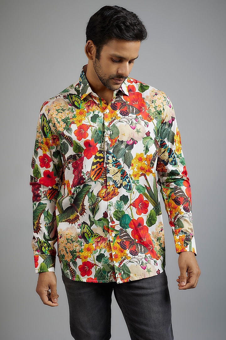 White Giza Cotton Printed Shirt by Amalfi By Mohid Merchant