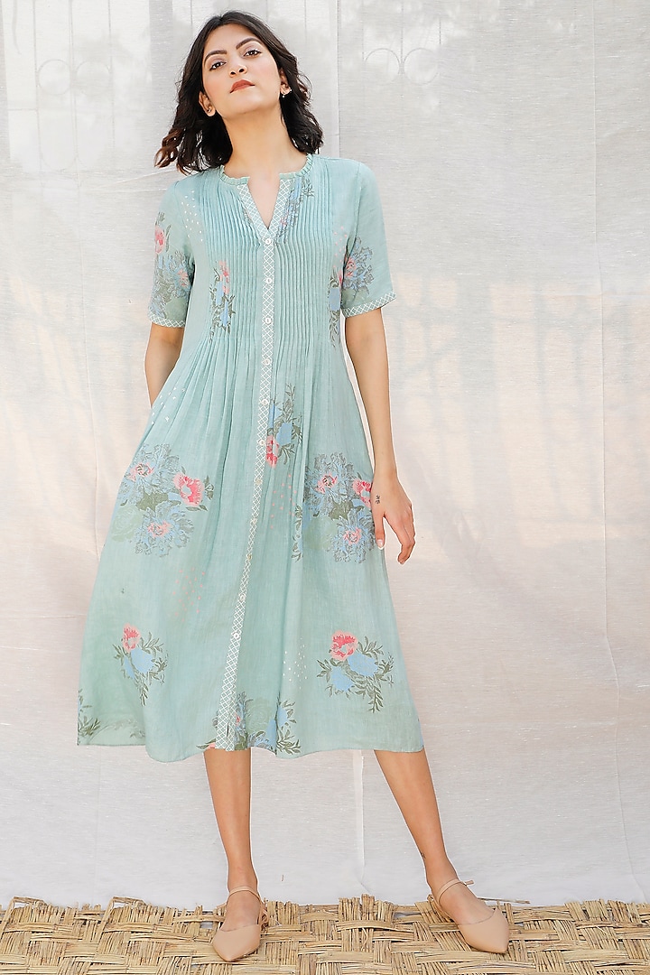 Mint Embroidered Pleated Dress by Arcvsh by Pallavi Singh