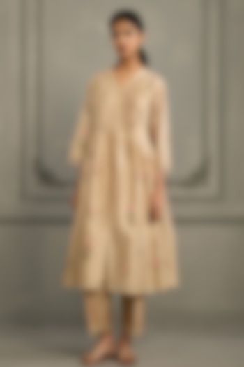Beige Silk Chanderi Pleated Tunic Set by Arcvsh by Pallavi Singh at Pernia's Pop Up Shop