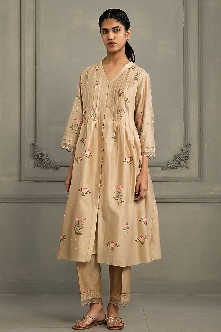 Beige Silk Chanderi Pleated Tunic Set by Arcvsh by Pallavi Singh at Pernia's Pop Up Shop