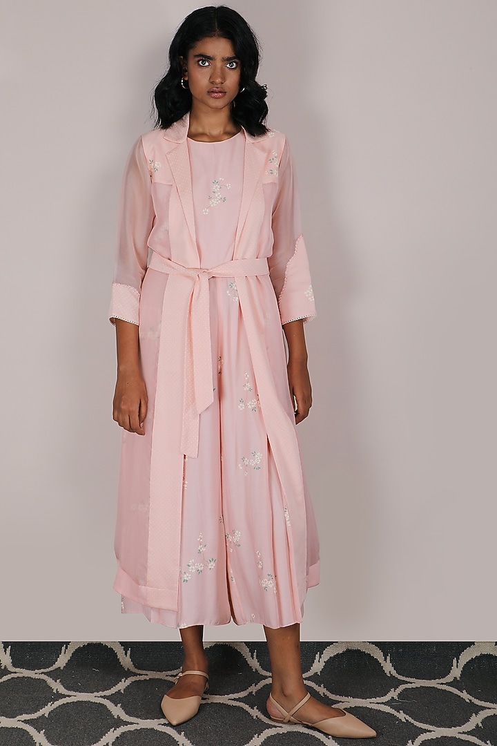Peach Printed Jumpsuit With Jacket by Arcvsh by Pallavi Singh at Pernia's Pop Up Shop