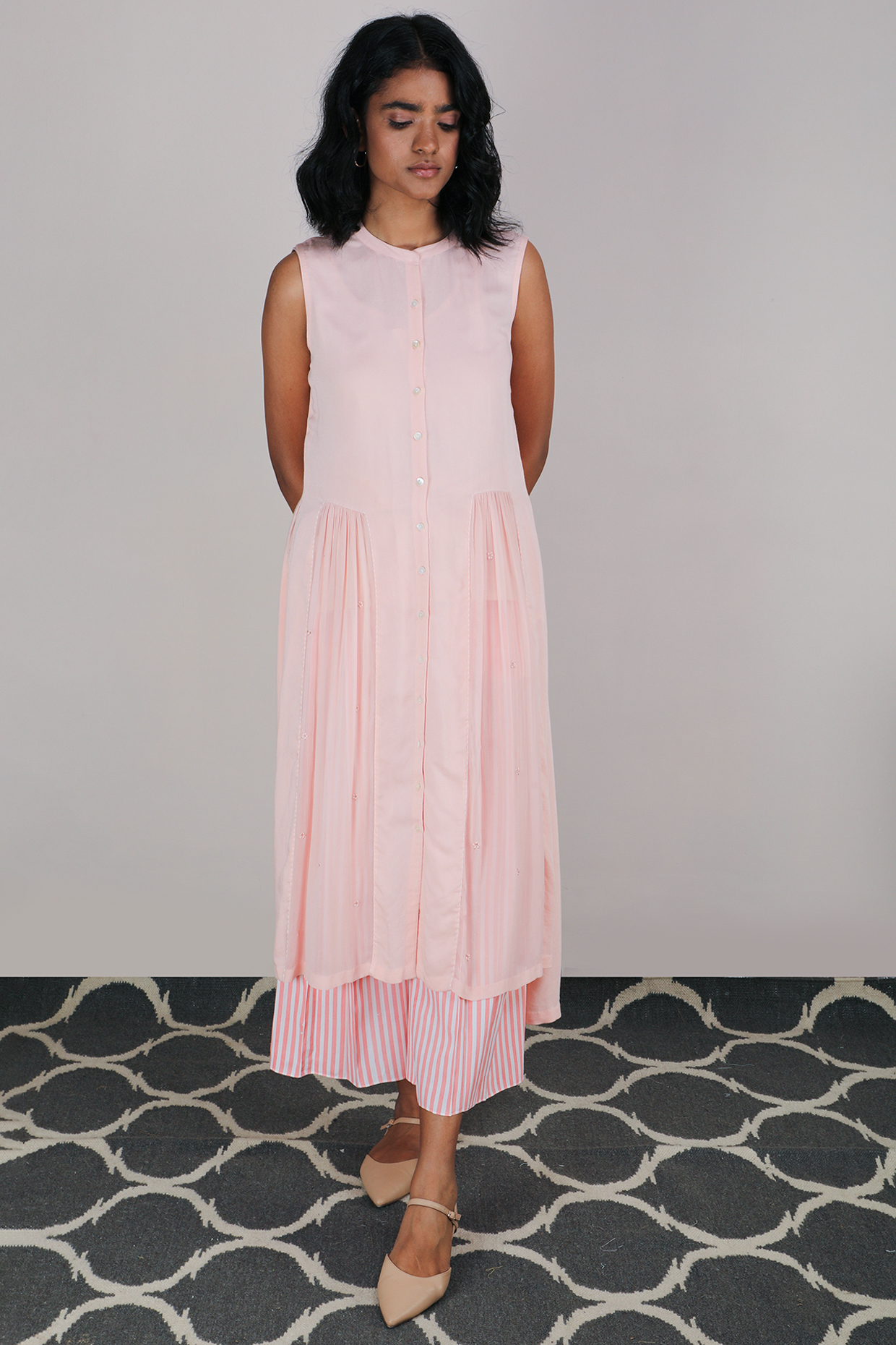 Peach Embroidered Gathered Tunic Set by Arcvsh by Pallavi Singh at Pernia's Pop Up Shop