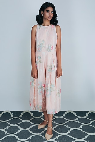 Old Rose Printed & Embroidered Jumpsuit by Arcvsh by Pallavi Singh