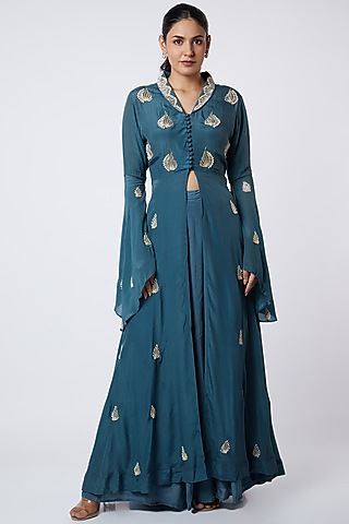 Blue Crepe Kalidar Palazzo Pant Set by Adara By Sheytal