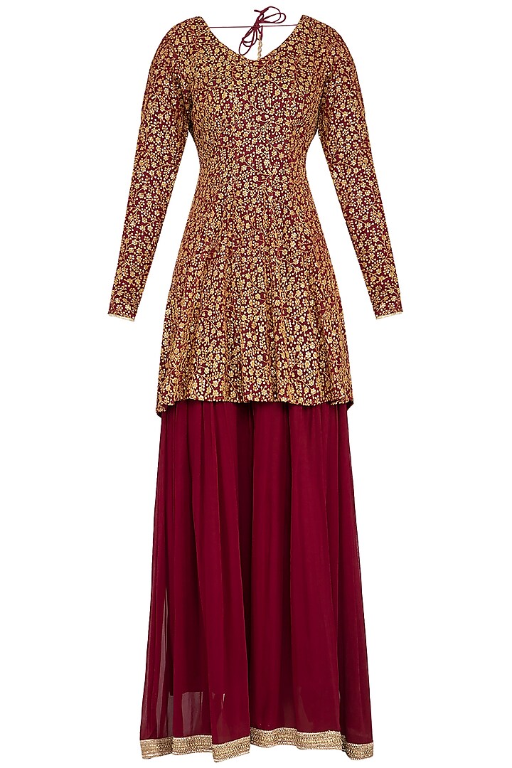 Red embroidered peplum anarkali gown with dupatta by Abhi Singh