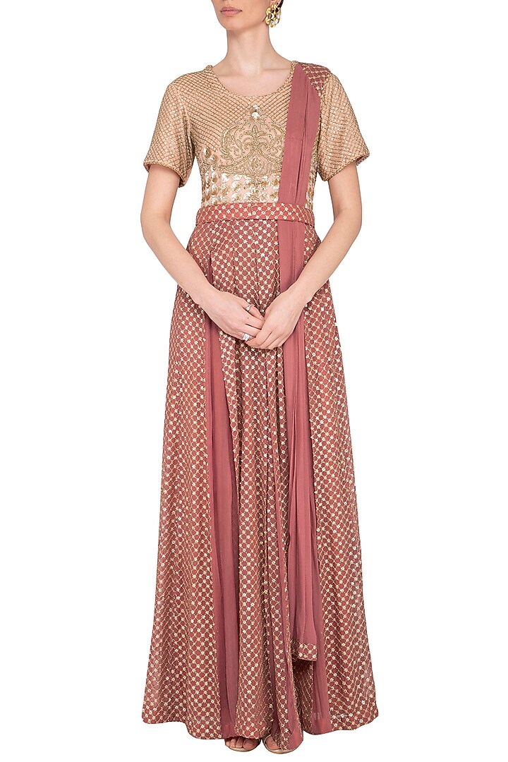 Carrot red embroidered Wedding Anarkali gown with attached dupatta and belt by Abhi Singh at Pernia's Pop Up Shop