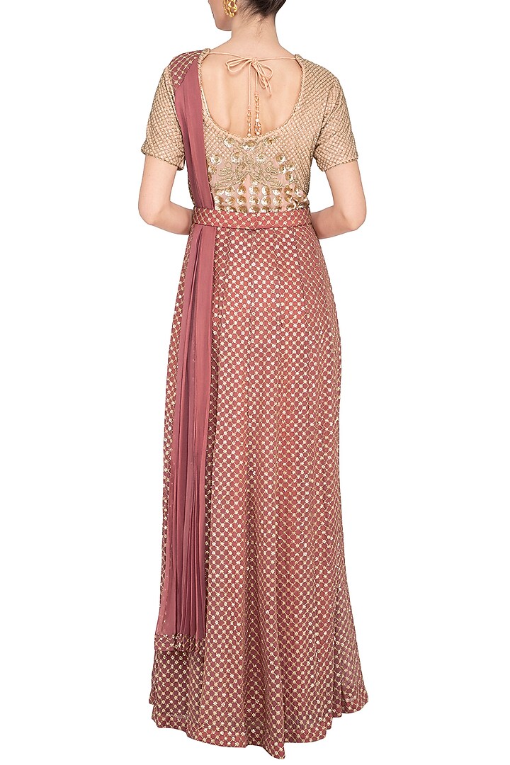 Carrot red embroidered Wedding Anarkali gown with attached dupatta and belt by Abhi Singh at Pernia's Pop Up Shop