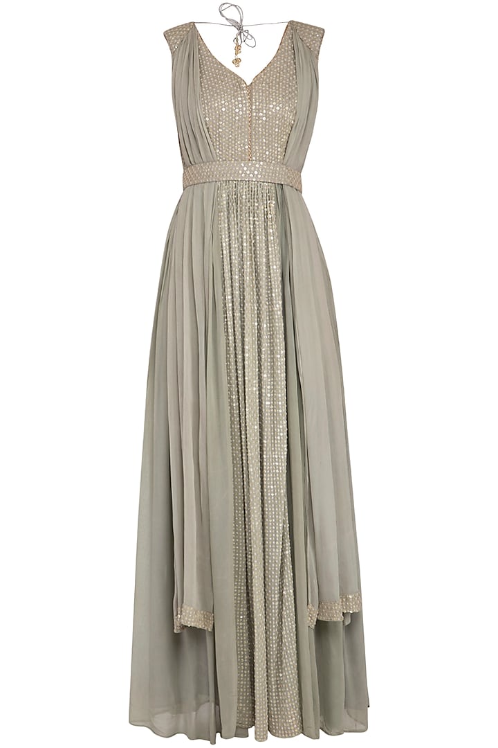 Grey embroidered  anarkali gown with draped dupatta by Abhi Singh