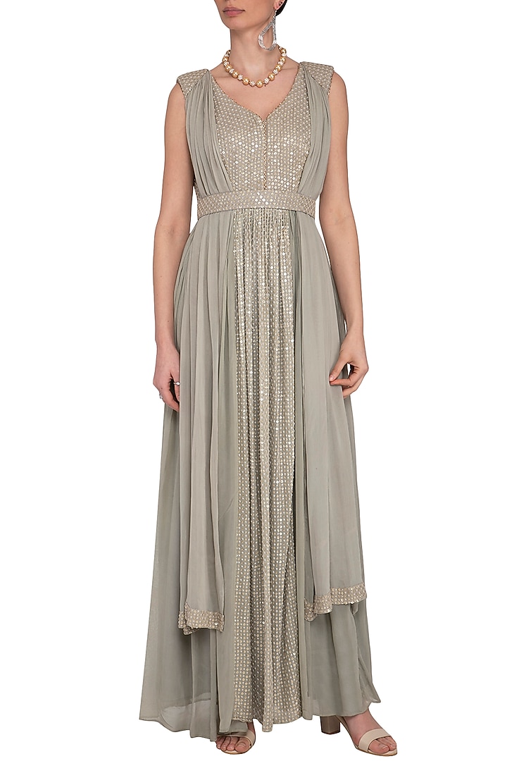 Grey embroidered Wedding Anarkali gown with draped dupatta by Abhi Singh at Pernia's Pop Up Shop