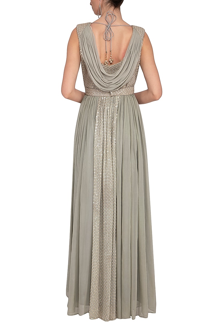 Grey embroidered Wedding Anarkali gown with draped dupatta by Abhi Singh at Pernia's Pop Up Shop