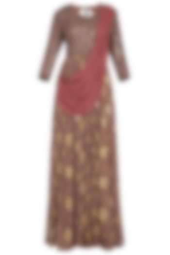 Rust brown embroidered  anarkali gown with draped dupatta by Abhi Singh