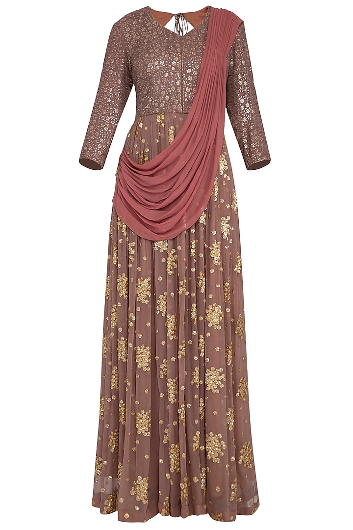 Rust brown embroidered  anarkali gown with draped dupatta by Abhi Singh