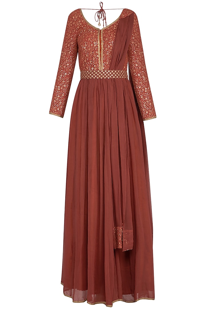 Rust embroidered anarkali gown with attached dupatta by Abhi Singh