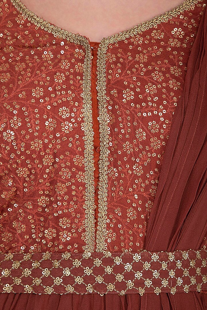 Rust embroidered Wedding Anarkali gown with attached dupatta by Abhi Singh at Pernia's Pop Up Shop