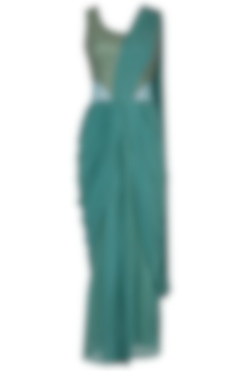 Teal embroidered drape saree gown by Abhi Singh