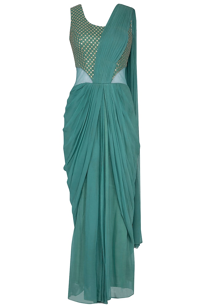 Teal embroidered drape saree gown by Abhi Singh