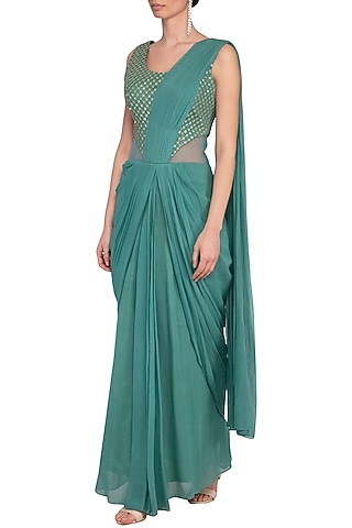 Teal embroidered drape saree gown by Abhi Singh