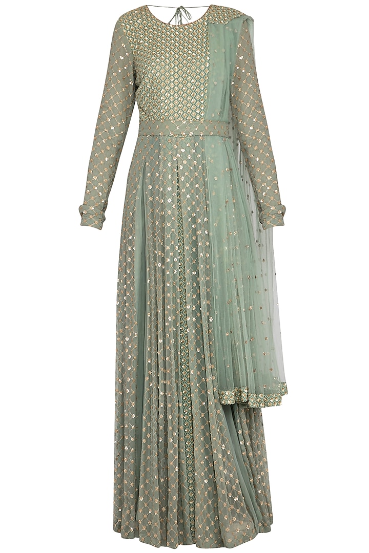 Sea green embroidered anarkali with attached dupatta and belt by Abhi Singh