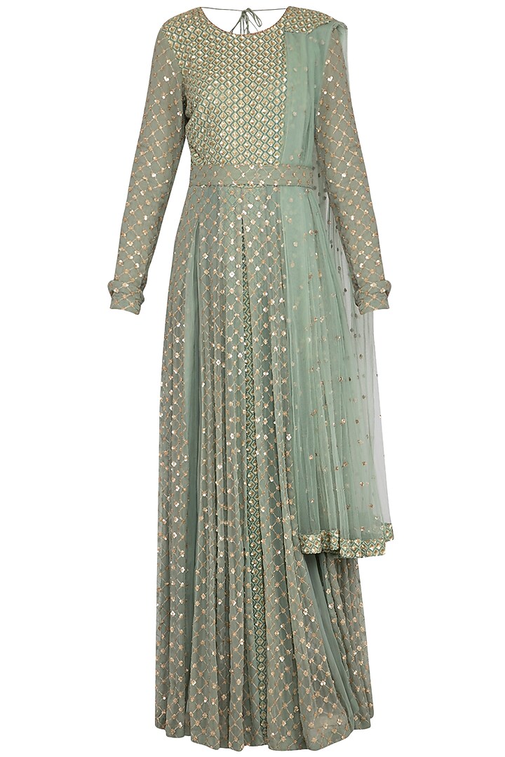Sea green embroidered anarkali with attached dupatta and belt by Abhi Singh  at Pernia's Pop Up Shop 2026