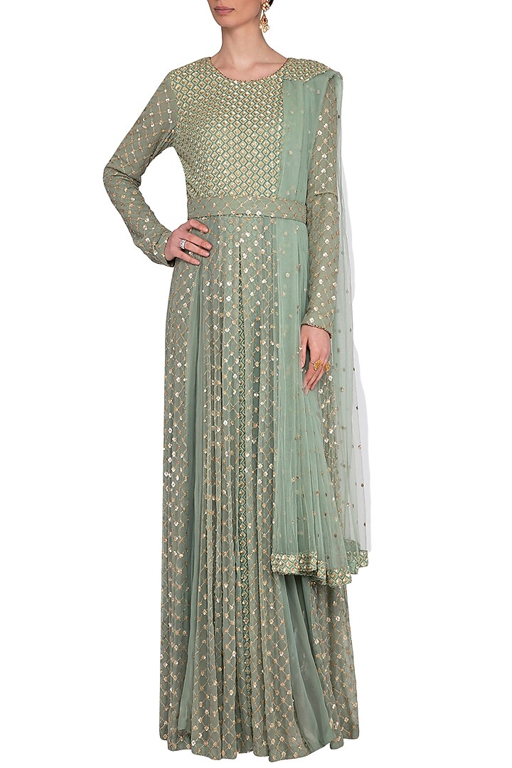 Sea green embroidered Wedding Anarkali with attached dupatta and belt by Abhi Singh at Pernia's Pop Up Shop