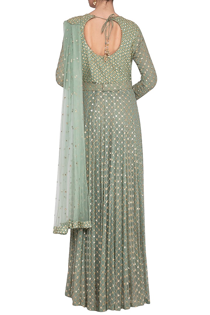 Sea green embroidered Wedding Anarkali with attached dupatta and belt by Abhi Singh at Pernia's Pop Up Shop