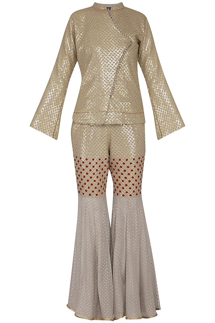 Dull grey embroidered jacket with gharara pants by Abhi Singh