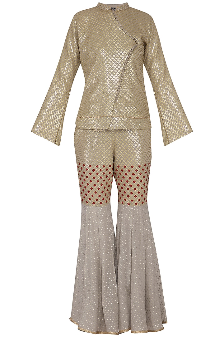 Dull grey embroidered jacket with gharara pants by Abhi Singh at Pernia's Pop Up Shop