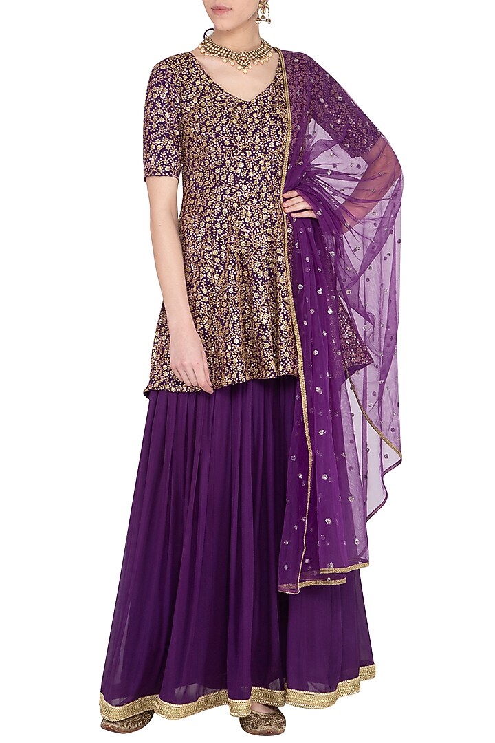 Purple embroidered peplum anarkali Engagement Gown with dupatta by Abhi Singh at Pernia's Pop Up Shop